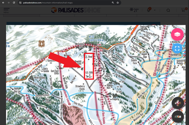 The area where the avalanche occurred, according to Palisades Tahoe. 