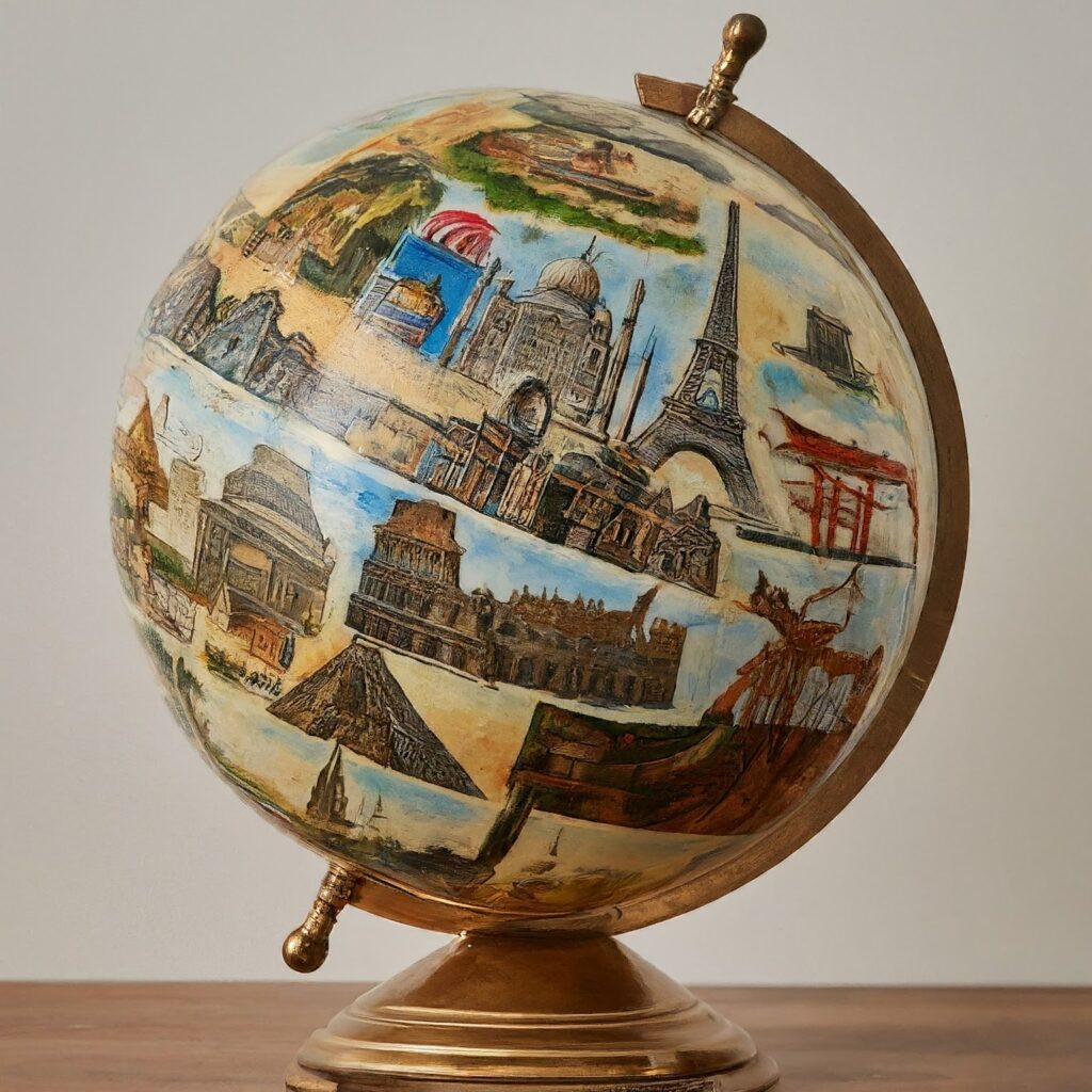 Globe with different cultural icons and landmarks, representing the global reach of content creation | Image Credit: Gemini.Google