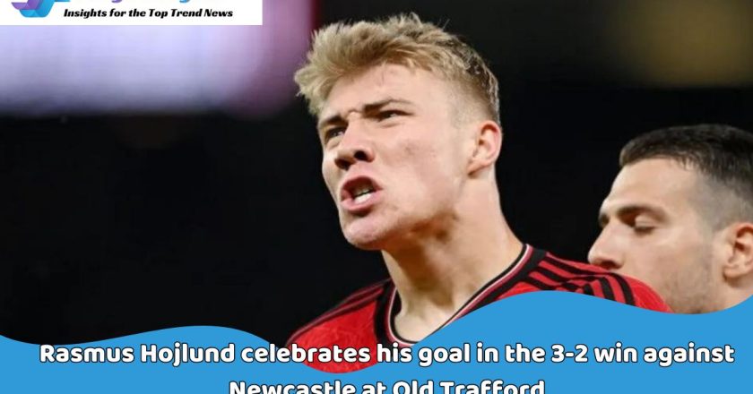 Rasmus Hojlund, a striker for Manchester United, celebrates scoring his goal during the 3-2 victory over Newcastle at Old Trafford