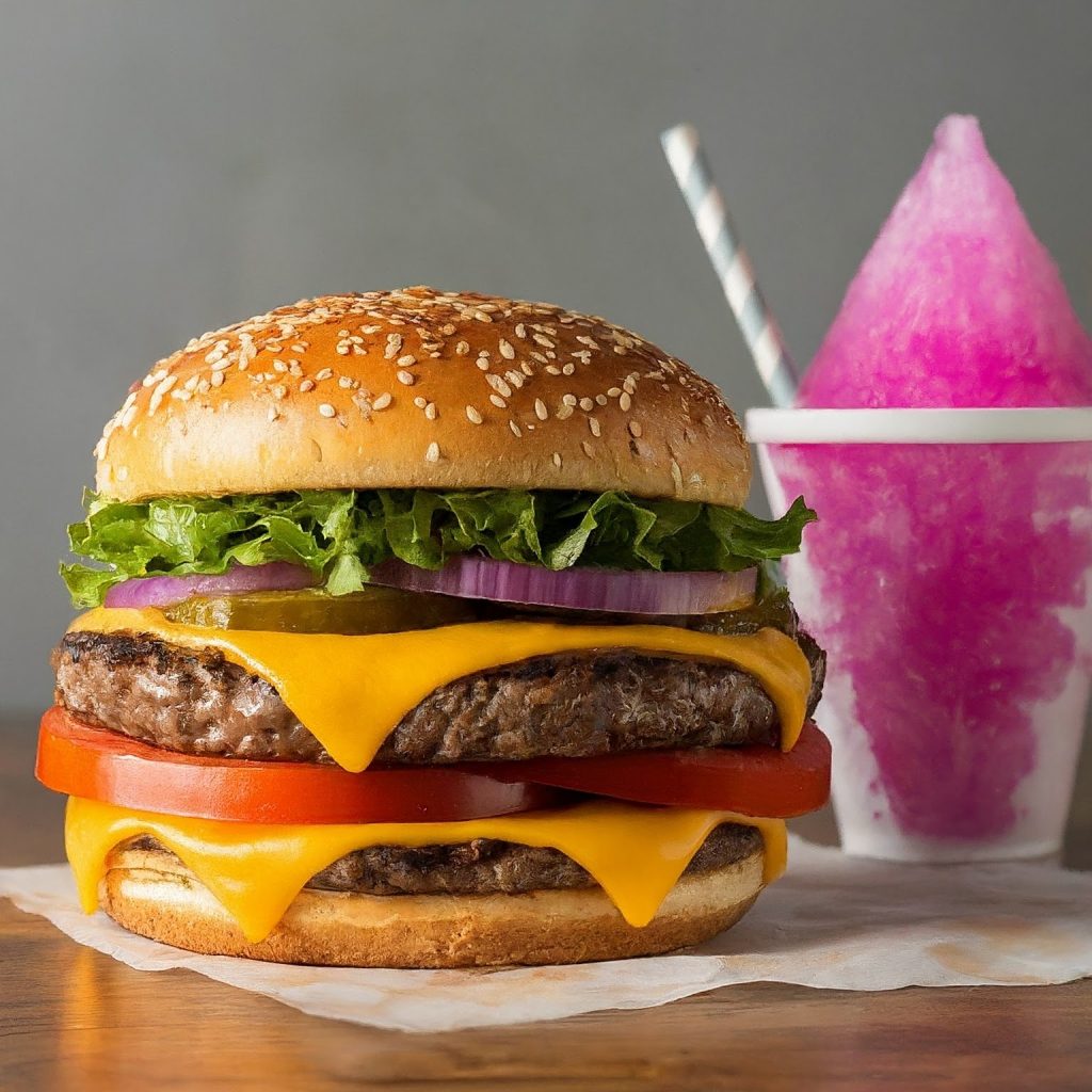 Burger and a Grape Snow Cone | image Credit: Gemini.Google.com