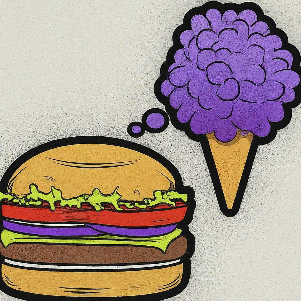 Burger and a Grape Snow Cone Cartoon Graphics | image Credit: Gemini.Google.com