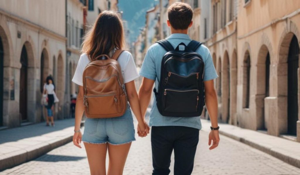 A girl and boy from the back and they are traveling for tours